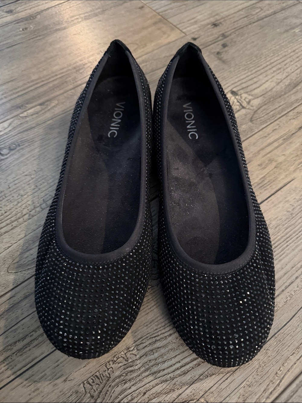 Vionic Black Crystal Embellished Slip-On Flats